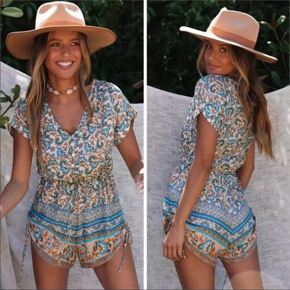 Boho Gypsy Paisley Floral Print Jumpsuit Romper